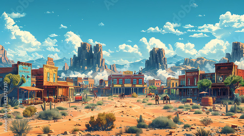 illustration of a wild west frontier town with dusty saloons rugged cowboys and lawless outlaws locked in a showdown at high noon beneath the scorching desert sun photo