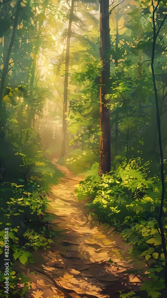 Obraz premium Tranquil Woodland Trail Bathed in Soft Golden Sunlight