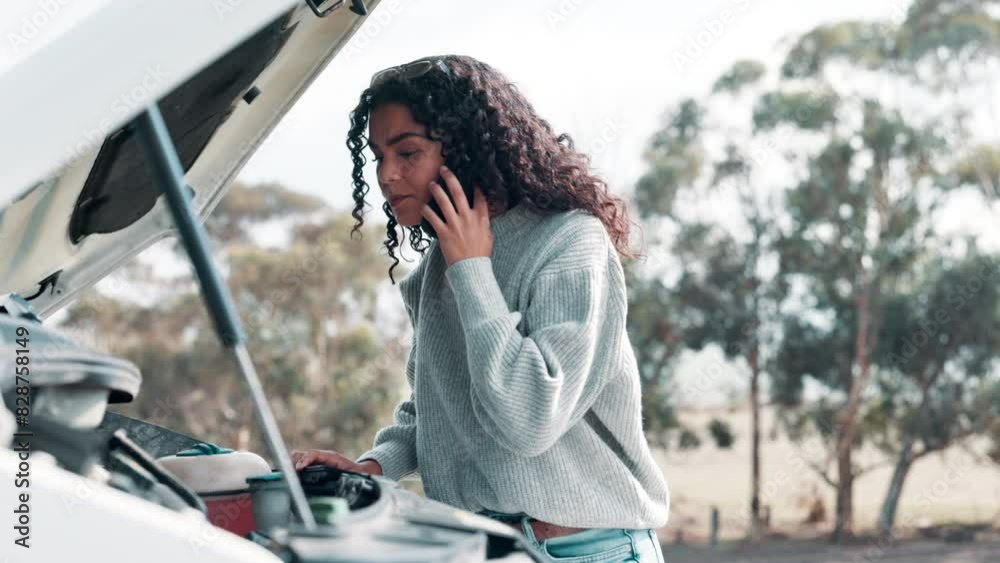 Phone call, nature and woman with engine breakdown for stress in accident, crisis or disaster. Emergency, communication and female driver on mobile conversation for help with car oil check on travel.