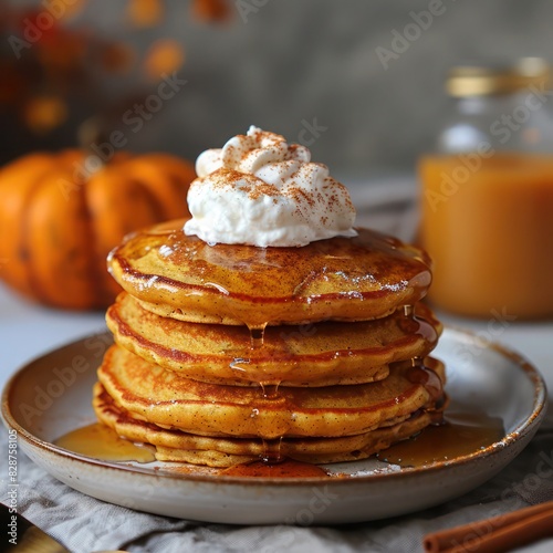 an outrageous portion of fluffy pancake drizzled in maple syrup topped with whipped cream all ready to be devoured