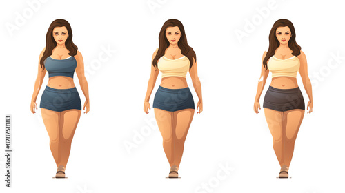 Body positive illustration showcasing diverse women in casual outfits, emphasizing variations in body shape and size.