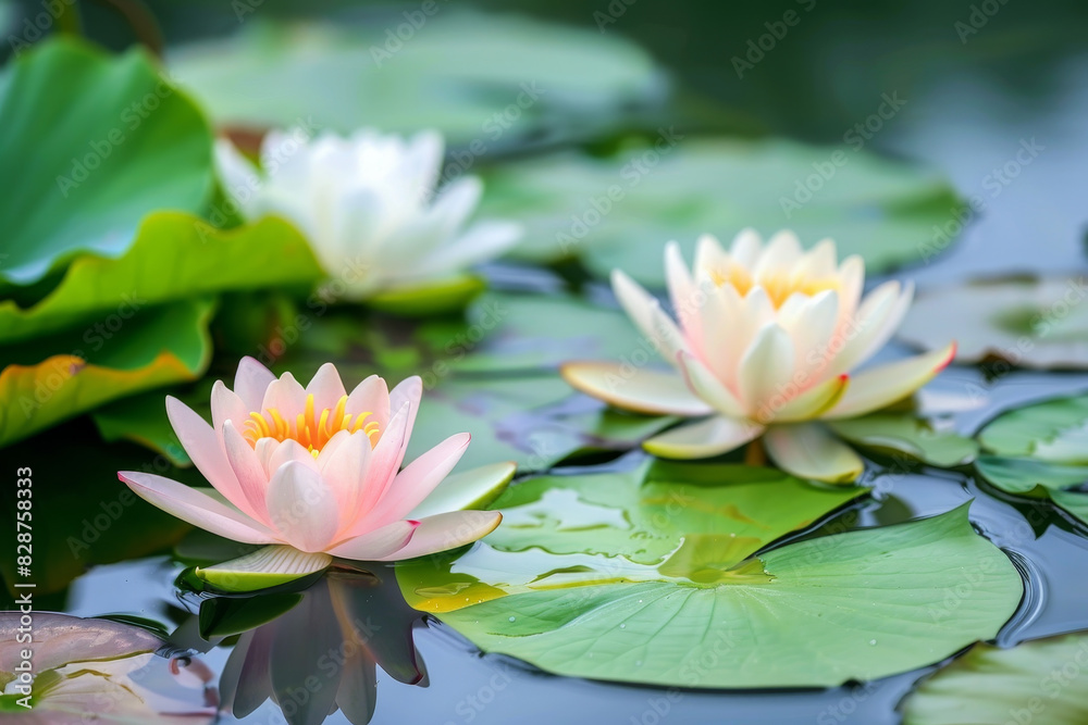 Three white flowers are floating on the surface of a pond