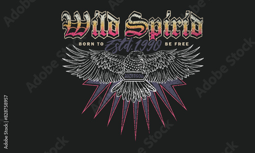 Wild spirit. Eagle rebel rock tour graphic print design. Make some noise rock and roll artwork design. 