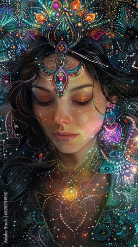 Una diosa divina con cabello negro, etérea, hermosa, llena de amor y resplandor.