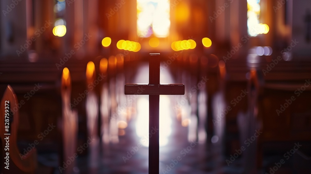 Naklejka premium a cross in a church with a blurry background