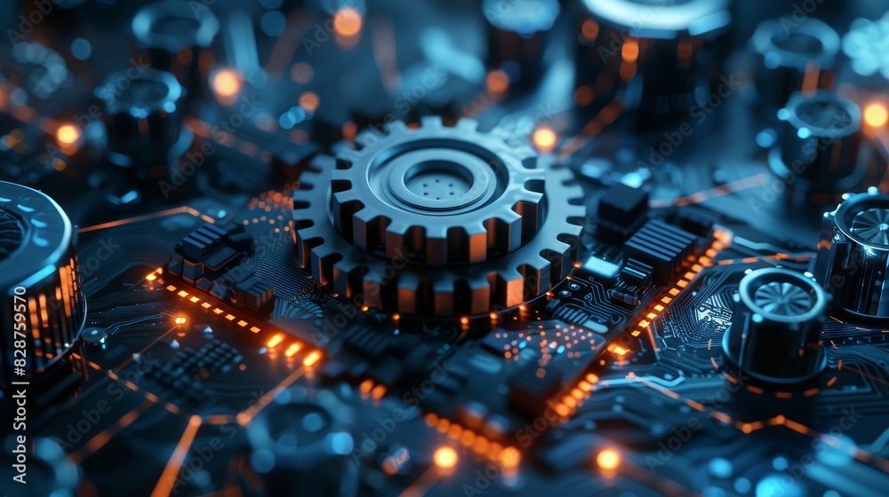 Gear wheel, hexagons and circuit board, Hi - tech digital technology and engineering. Gear wheel, hexagons and circuit board, Hi - tech digital technology and engineering.