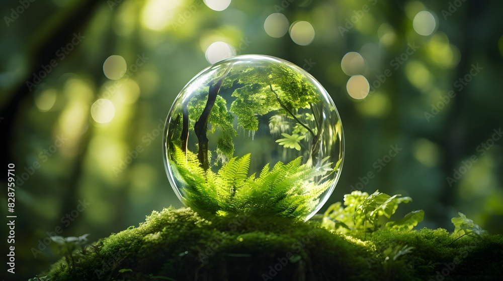 Oval glass terrarium containing plants against the backdrop of a forest. Generative AI. Oval glass terrarium containing plants against the backdrop of a forest. Generative AI.