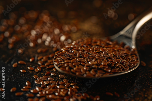 A spoonful of brown seeds is shown on a dark surface