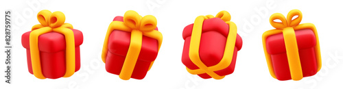 Vector set of illustration of realistic red color gift box with yellow ribbon isolated on white background. 3d style holiday design of different angle of present box. Festive gift surprise