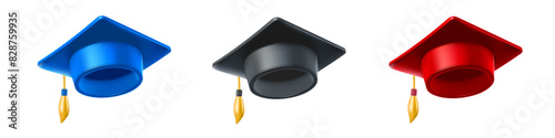 Vector illustration of set of different color shine graduate cap with golden tassel on white background. 3d style design of collection of graduation hat