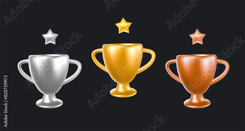 Vector set of illustration of shine golden, silver and bronze color winner cup with star on black background. 3d style design of champion cup. First place award