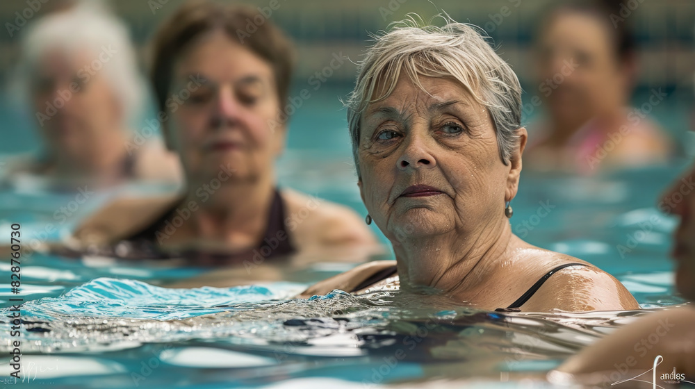 Obraz premium A woman in a black bathing suit is in the water with other people