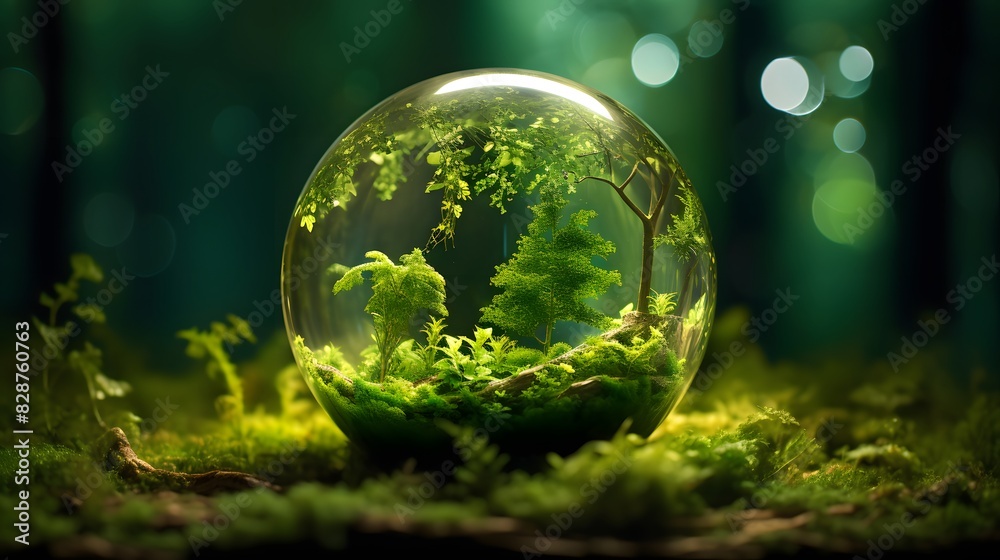 Oval glass terrarium containing plants against the backdrop of a forest. Generative AI. Oval glass terrarium containing plants against the backdrop of a forest. Generative AI.