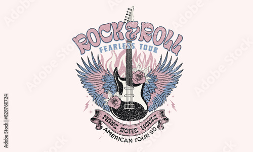 Music guitar with rose flower. Bird wing vintage artwork for apparel, stickers, posters, background and others. Eagle music poster design. Fearless rock tour artwork. Make some noise.
