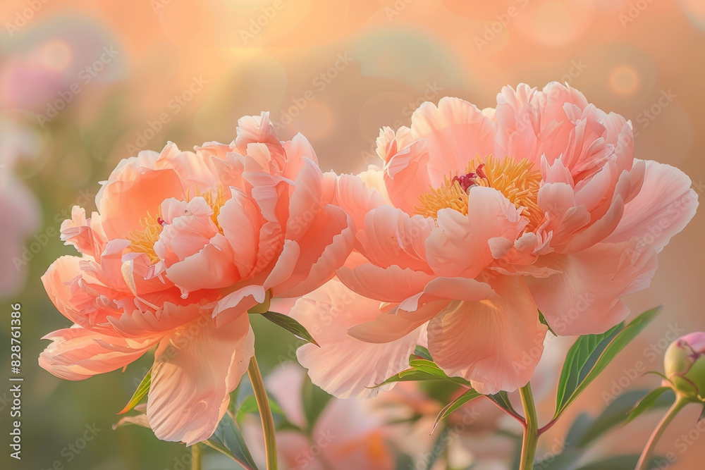 Two pink flowers are in a field of green grass Two pink flowers are in a field of green grass