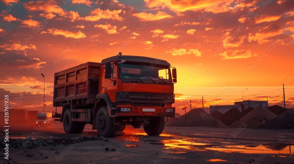 Silhouette of Mining Dump Truck and Bulldozer at Sunset Silhouette of Mining Dump Truck and Bulldozer at Sunset