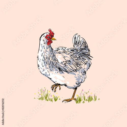 Line drawing hen, chicken in vintage engraving style hand drawn vector illustration. Poultry farm animal collection.