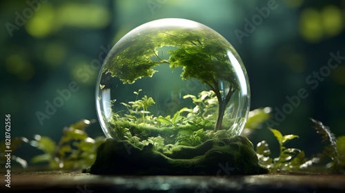 Oval glass terrarium containing plants against the backdrop of a forest. Generative AI.