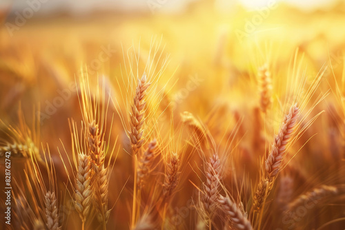 A field of golden wheat with the sun shining on it