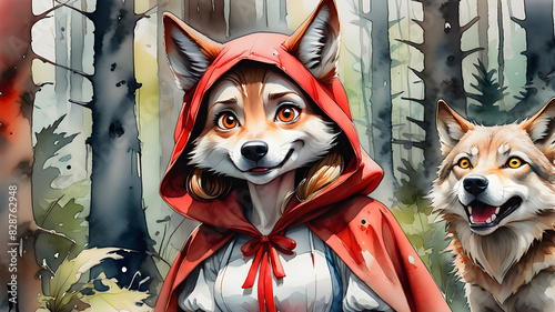 Little Red Riding Hood in the forest with a basket and a wolf