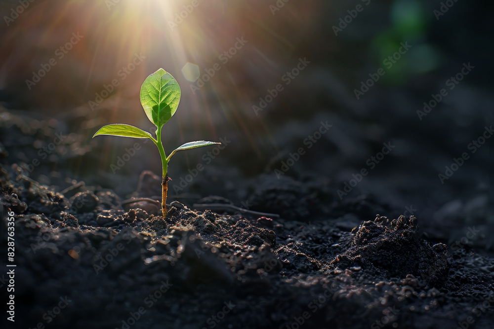 A small green plant is growing in the dirt A small green plant is growing in the dirt