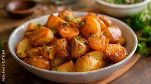 Pan fried potatoes. Potatoes meal in a bowl.