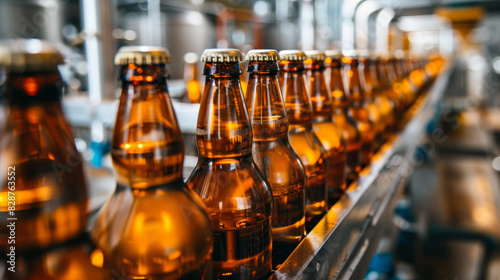 A row of beer bottles on a conveyor belt