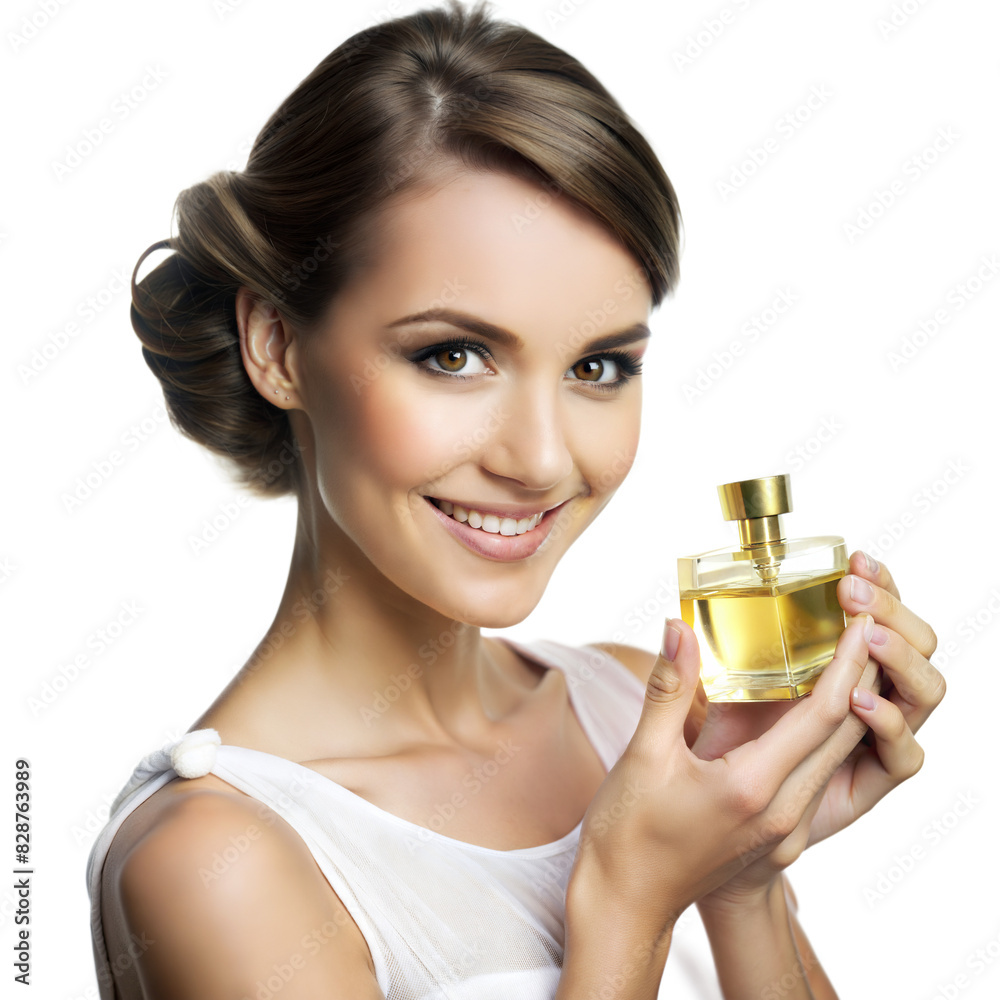Smiling woman in a white dress holds a perfume bottle against a plain white background Smiling woman in a white dress holds a perfume bottle against a plain white background