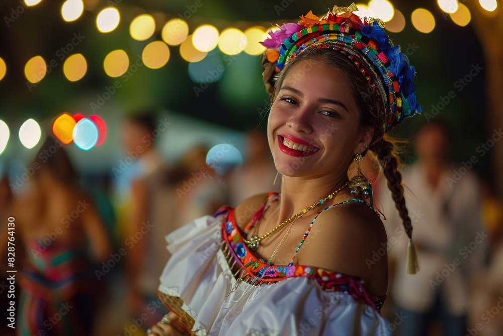 Smiling woman in traditional attire at Festa Junina celebration. Smiling woman in traditional attire at Festa Junina celebration.