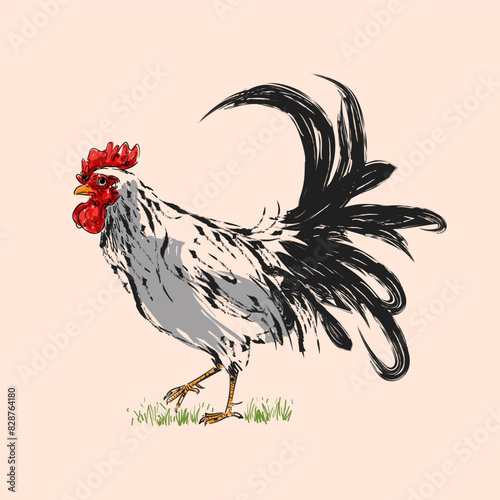 Line drawing rooster, cock, chicken in vintage engraving style hand drawn vector illustration. Poultry farm animal collection.