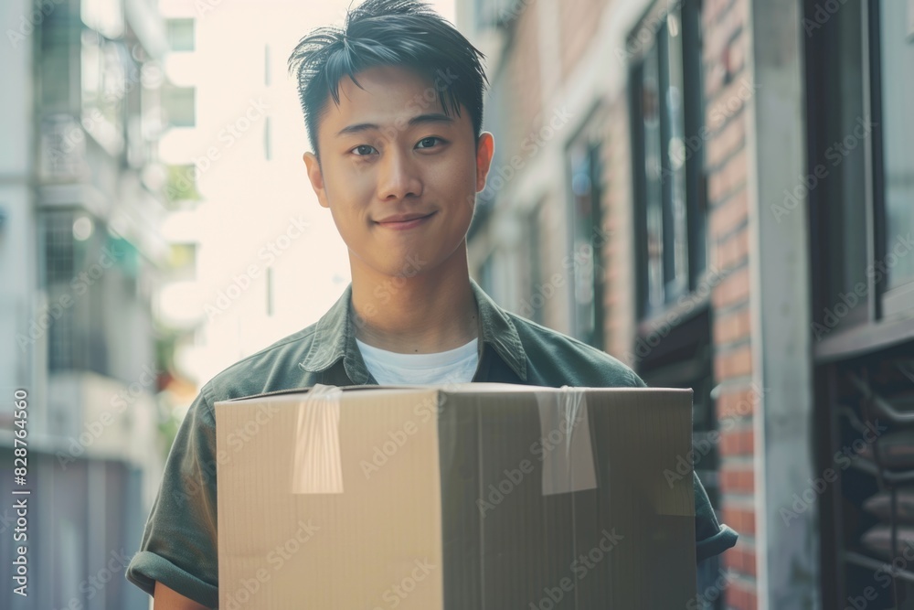 Asian man owns delivery service for small businesses. Asian man owns delivery service for small businesses.