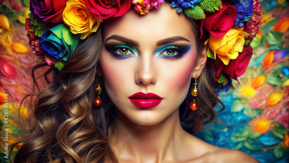 A woman with bright make-up and colourful flowers in her hair. She wears striking blue eyeshadow and her long, wavy hair complements the bright colours surrounding her.AI generated. A woman with bright make-up and colourful flowers in her hair. She wears striking blue eyeshadow and her long, wavy hair complements the bright colours surrounding her.AI generated.