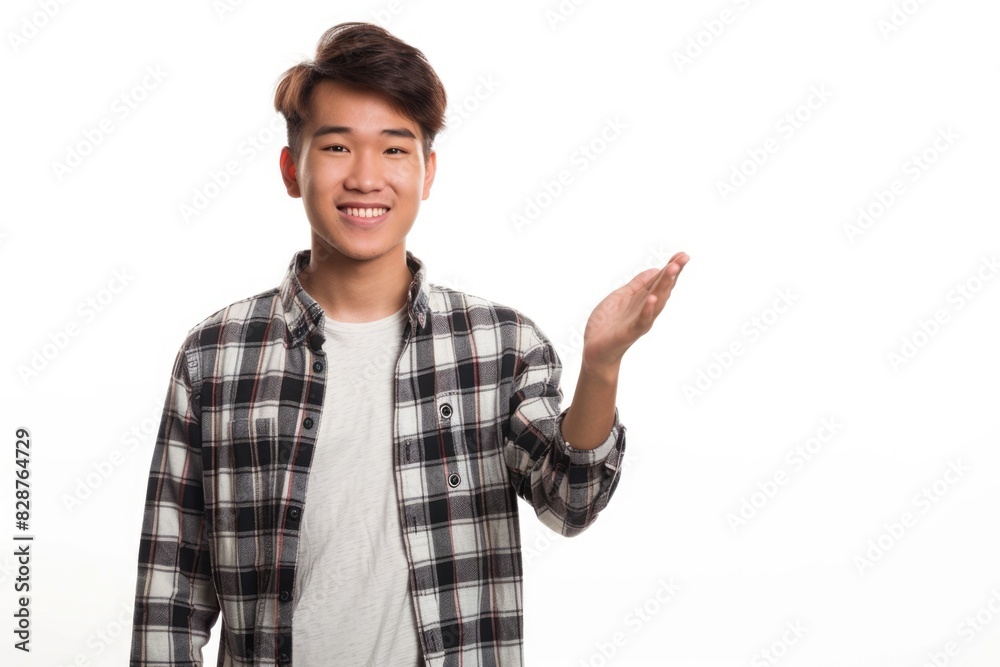 Happy asian man standing while offering help with his hand. Isolated on white background Happy asian man standing while offering help with his hand. Isolated on white background