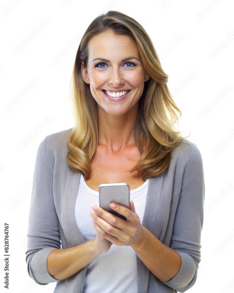 A cheerful woman with blonde hair uses a smartphone, smiling warmly against a white backdrop A cheerful woman with blonde hair uses a smartphone, smiling warmly against a white backdrop