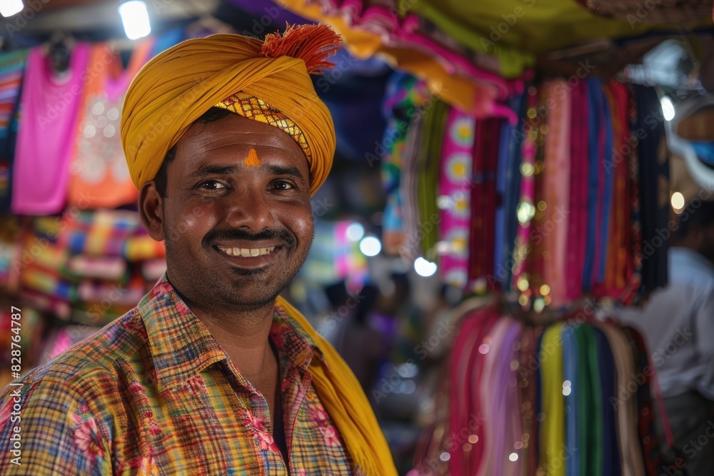Obraz premium Merchant in traditional dress at Law Garden Night Market Gujarat India.