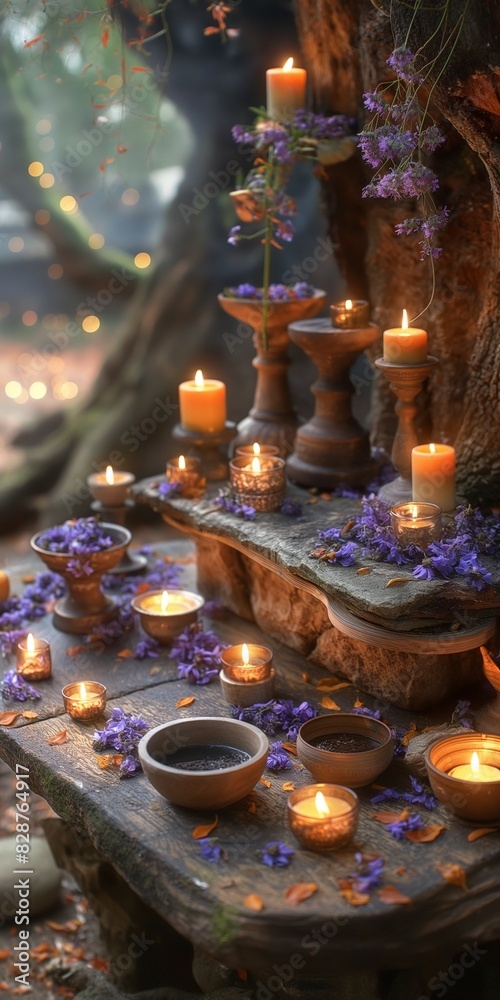 Shrine, altar near the tree with candles and purple flowers, petals. Shrine, altar near the tree with candles and purple flowers, petals.