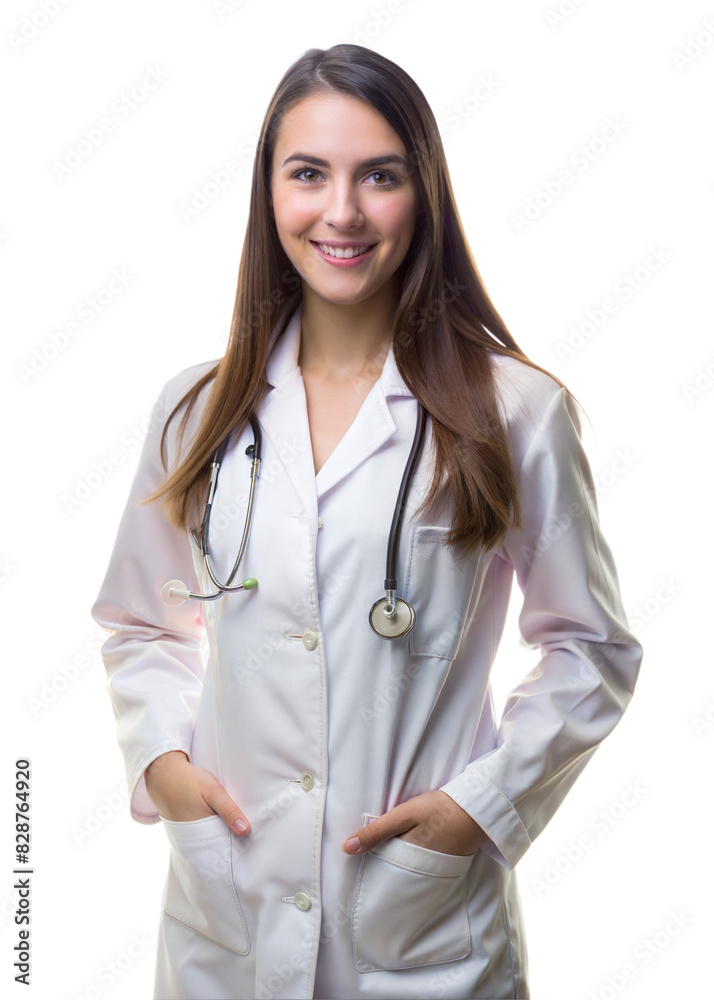 Smiling female doctor in a white coat with a stethoscope, hands in pockets, standing against a white background Smiling female doctor in a white coat with a stethoscope, hands in pockets, standing against a white background