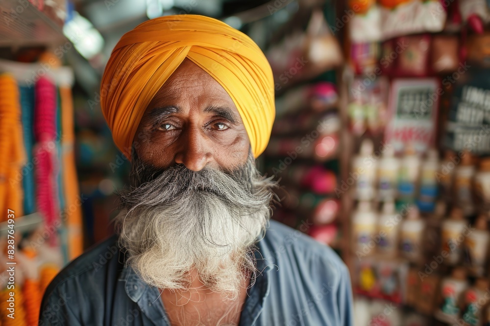 Obraz premium Portrait of Indian sikh man seller with bushy beard at shop