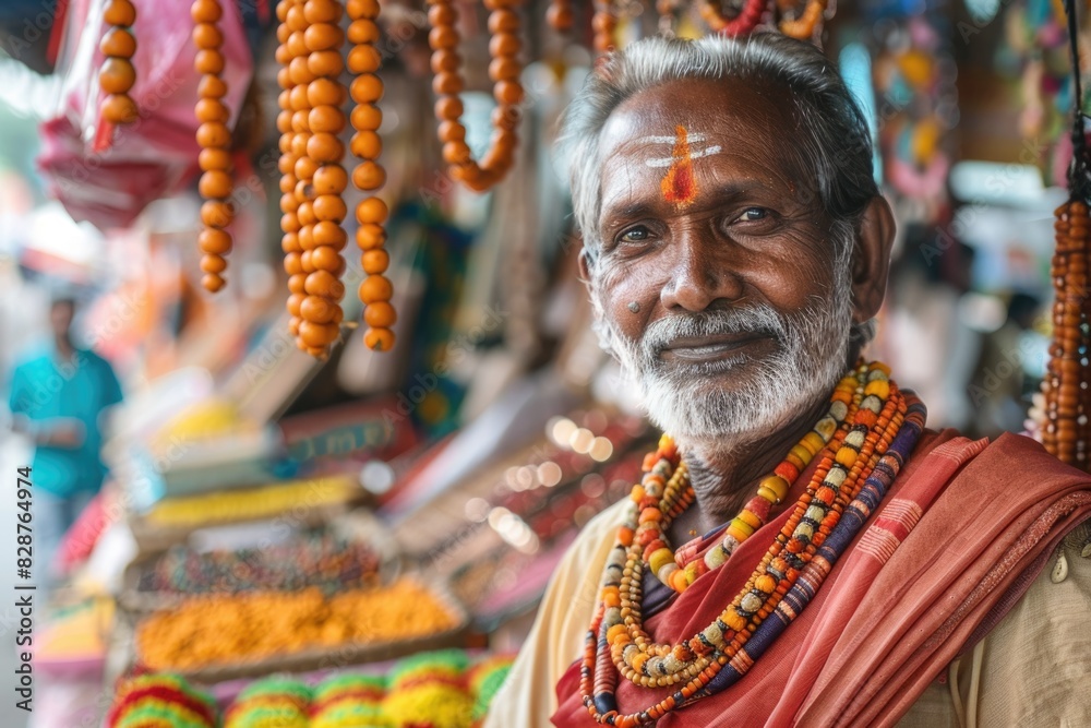 Happy Indian souvenir merchant in Tirumala  India.