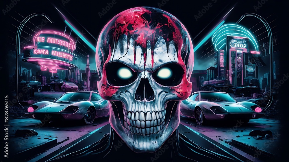 Skull with vivid paint. Spooky concept. Halloween or Santa Muerte concept. Retro future background. Skull with vivid paint. Spooky concept. Halloween or Santa Muerte concept. Retro future background.
