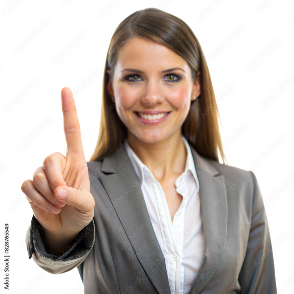 Smiling businesswoman in a gray suit gestures number one while standing against a white background Smiling businesswoman in a gray suit gestures number one while standing against a white background