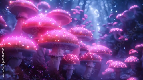 An explorer navigates a luminous forest of giant magic mushrooms casting fluorescent light on a path unknown photo