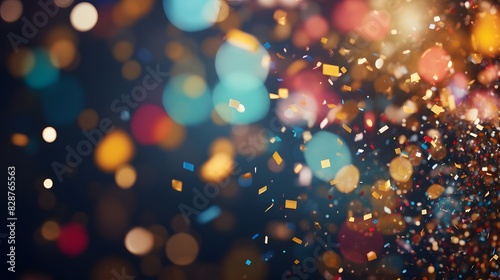 Confetti and glitter falling on the floor. Bright blurred background. Generative AI. photo