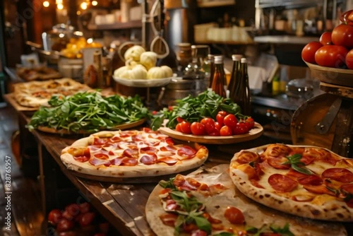 Authentic Pizza Experience: Italian and New York Styles with Fresh Ingredients in a Rustic Setting. Concept Pizza Making, Auth photo
