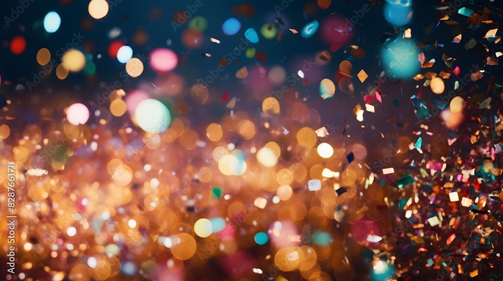 Confetti and glitter falling on the floor. Bright blurred background. Generative AI. Confetti and glitter falling on the floor. Bright blurred background. Generative AI.