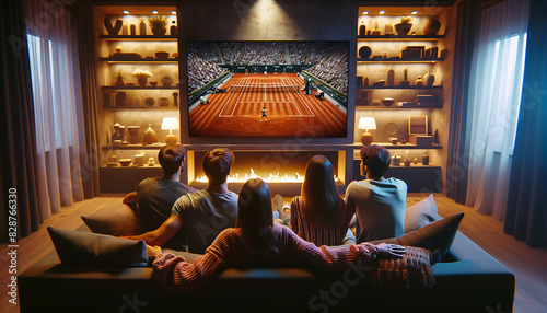Match de tennis télévisé regardé par un groupe d'amis dans un salon accueillant photo