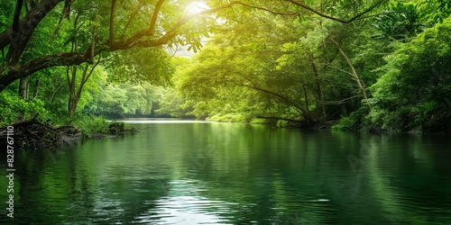 Majestic green trees form a canopy over a tranquil river, embodying peace and natural beauty