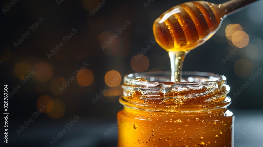 Golden honey dripping from a wooden dipper into a glass jar with sparkling background. Generative Ai Golden honey dripping from a wooden dipper into a glass jar with sparkling background. Generative Ai