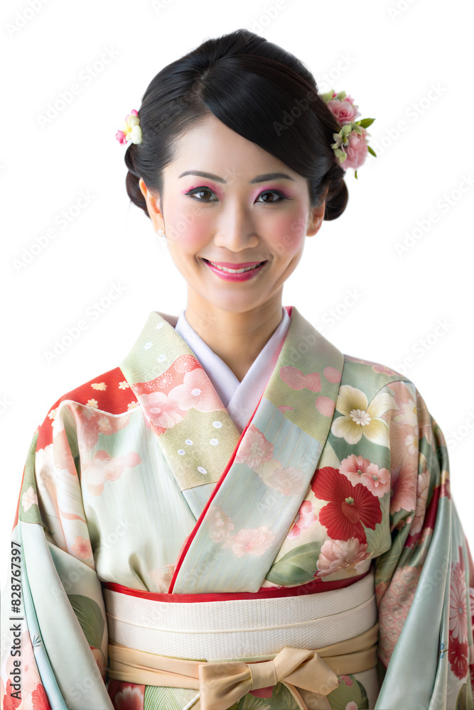 Young woman in a colorful kimono, smiling, with floral accents in her hair, standing against a plain background Young woman in a colorful kimono, smiling, with floral accents in her hair, standing against a plain background