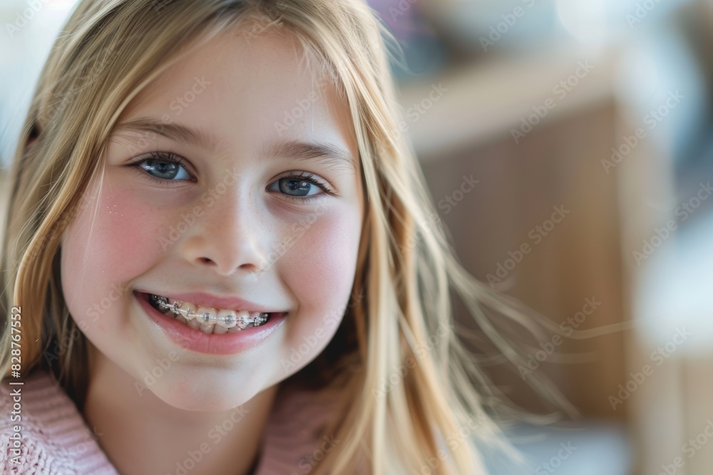 With a charming smile, Caucasian girl wearing braces sits in orthodontist's office, her gaze directed at camera as she focuses on her tooth and bracket, background softly blurred. With a charming smile, Caucasian girl wearing braces sits in orthodontist's office, her gaze directed at camera as she focuses on her tooth and bracket, background softly blurred.